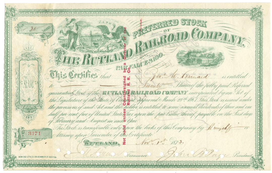 Rutland Railroad Company Stock Certificate