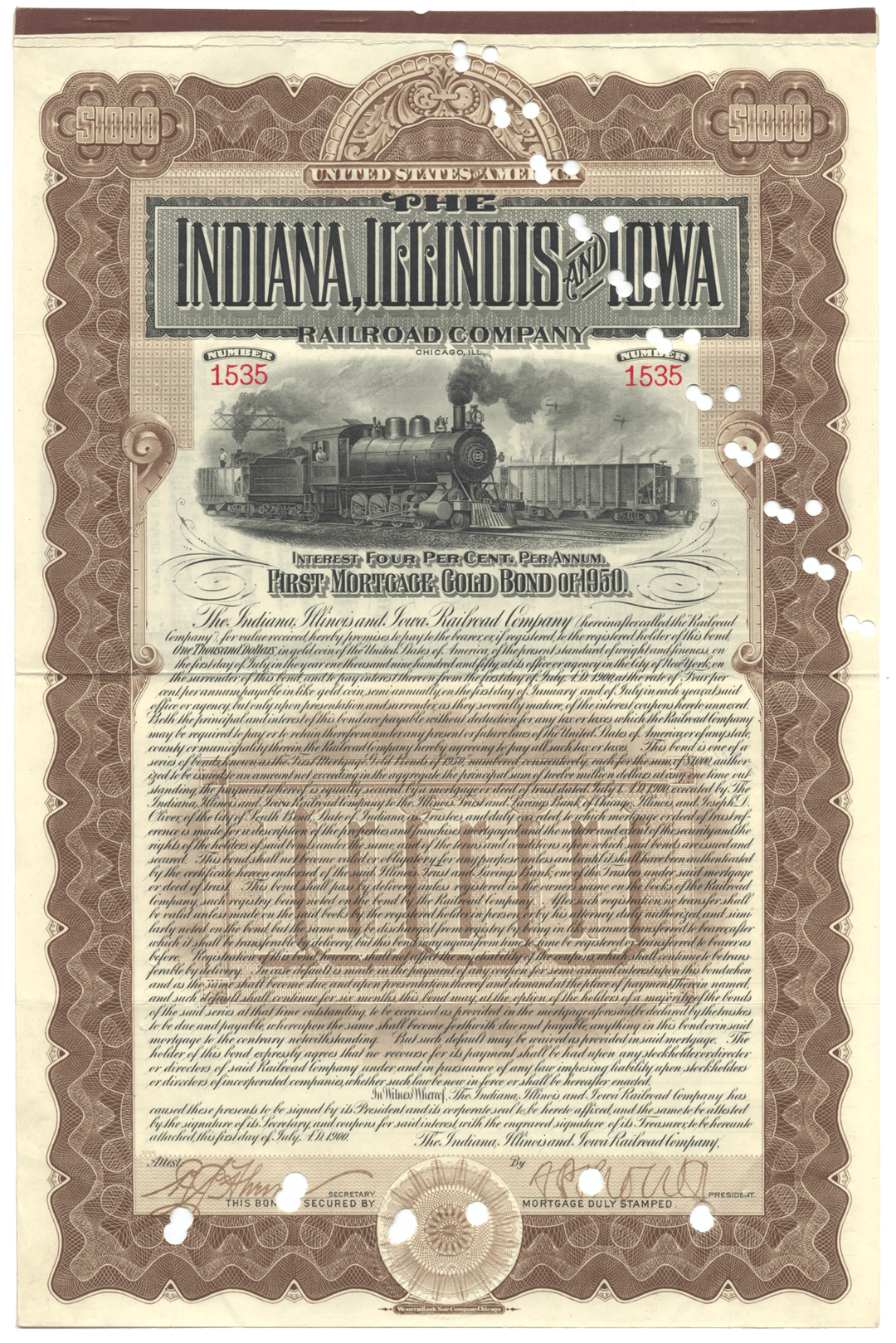 Indiana, Illinois and Iowa Railroad Company Bond Certificate