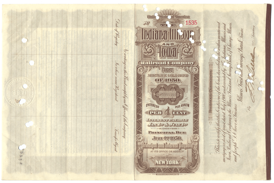 Indiana, Illinois and Iowa Railroad Company Bond Certificate