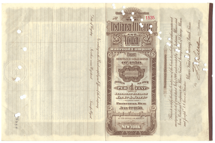 Indiana, Illinois and Iowa Railroad Company Bond Certificate