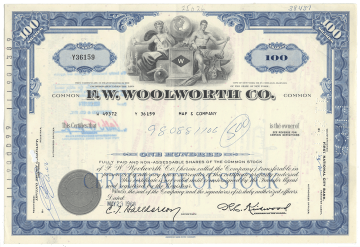 F.W. Woolworth Co. stock certificate with blue and white design