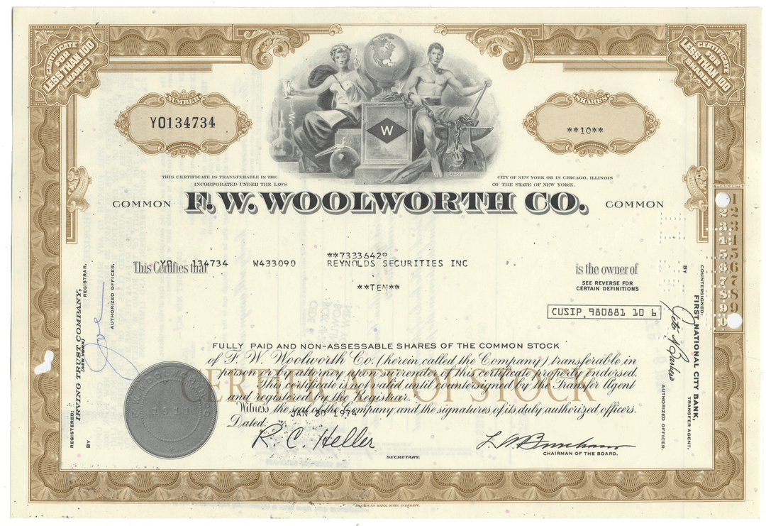 F.W. Woolworth Co. stock certificate with detailed design and text