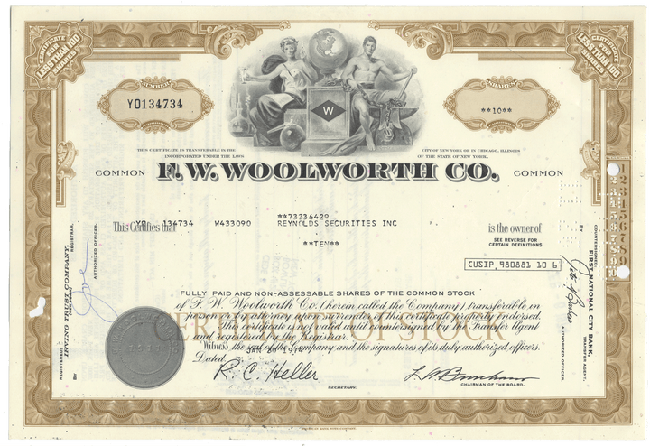 F.W. Woolworth Co. stock certificate with detailed design and text