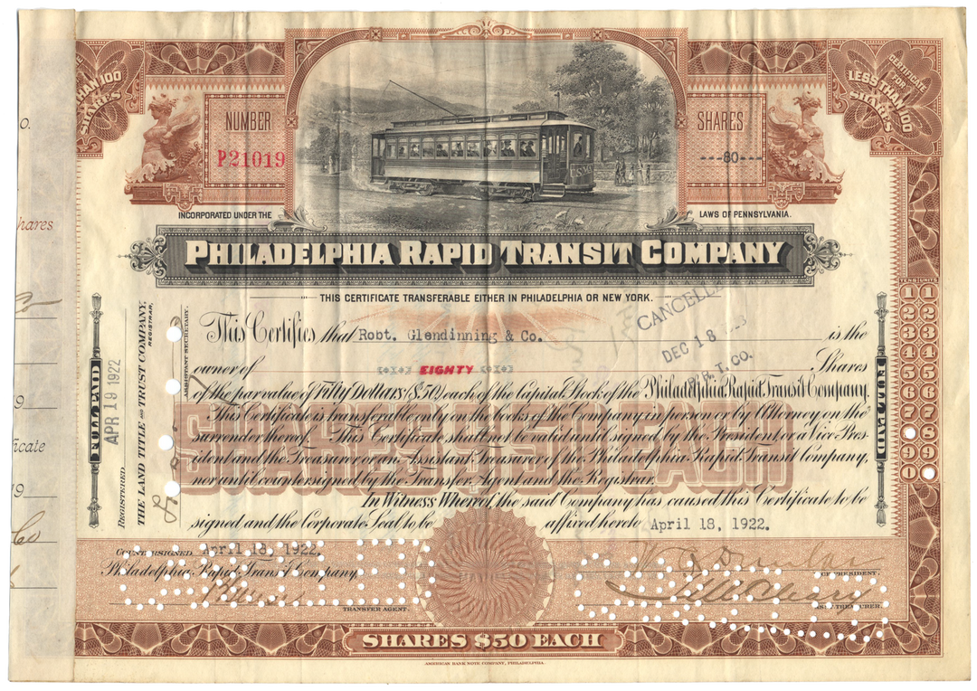 Philadelphia Rapid Transit Company Stock Certificate