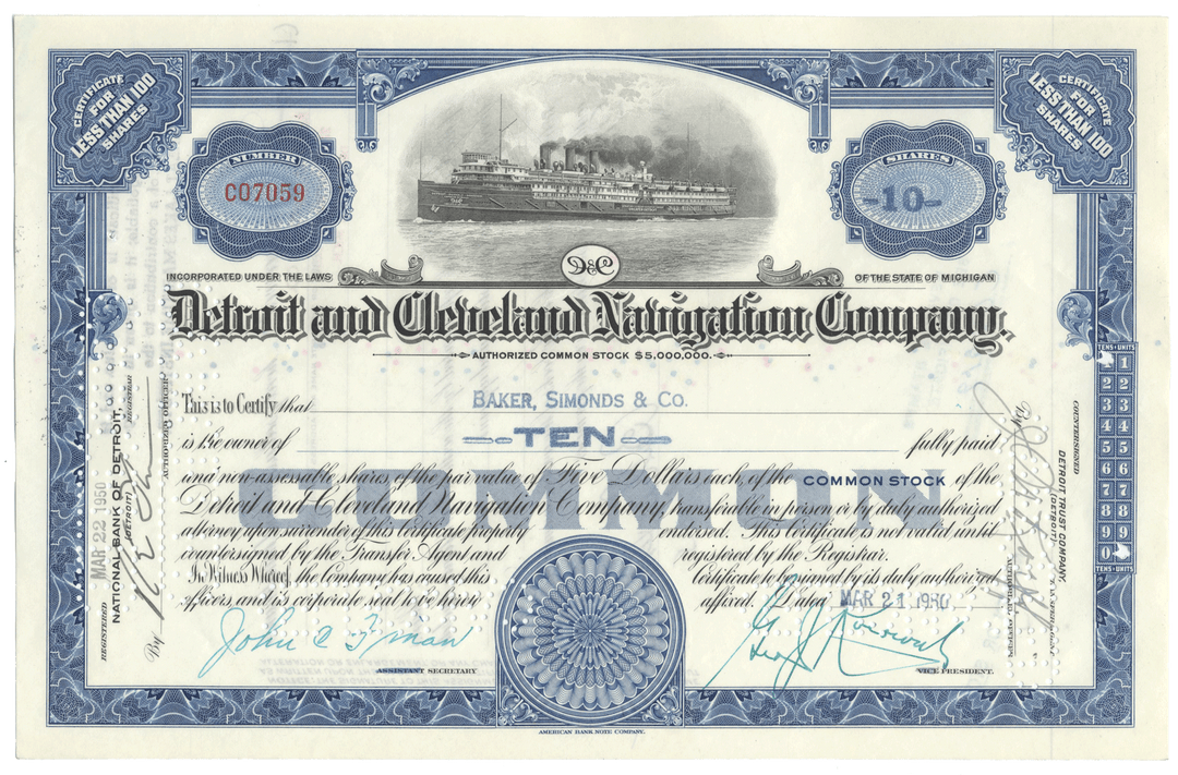 Stock certificate from the Detroit and Cleveland Navigation Company with blue and black design.