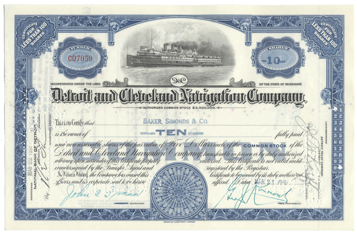 Stock certificate from the Detroit and Cleveland Navigation Company with blue and black design.