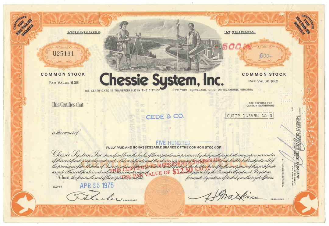 Vintage stock certificate for Chessie System, Inc.