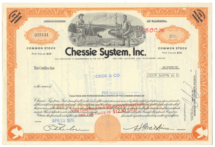 Vintage stock certificate for Chessie System, Inc.