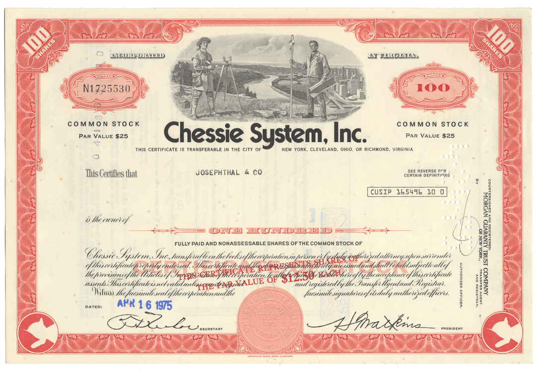 Vintage stock certificate for Chessie System, Inc.