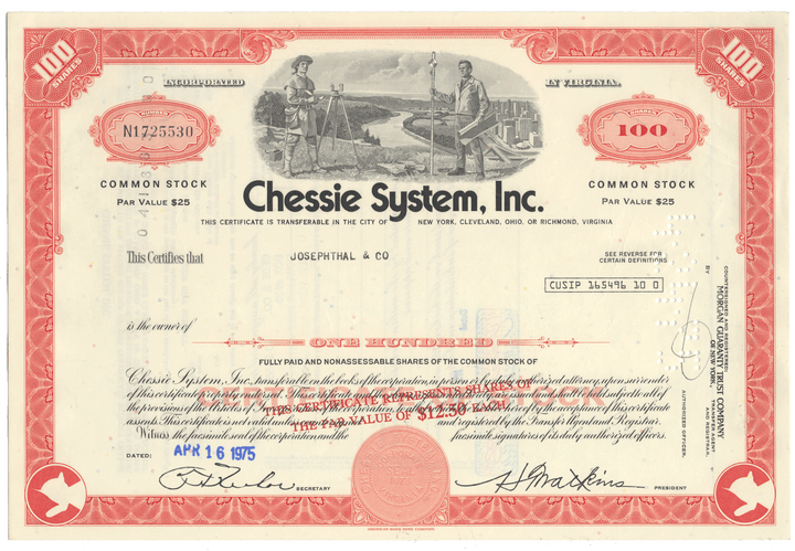 Vintage stock certificate for Chessie System, Inc.
