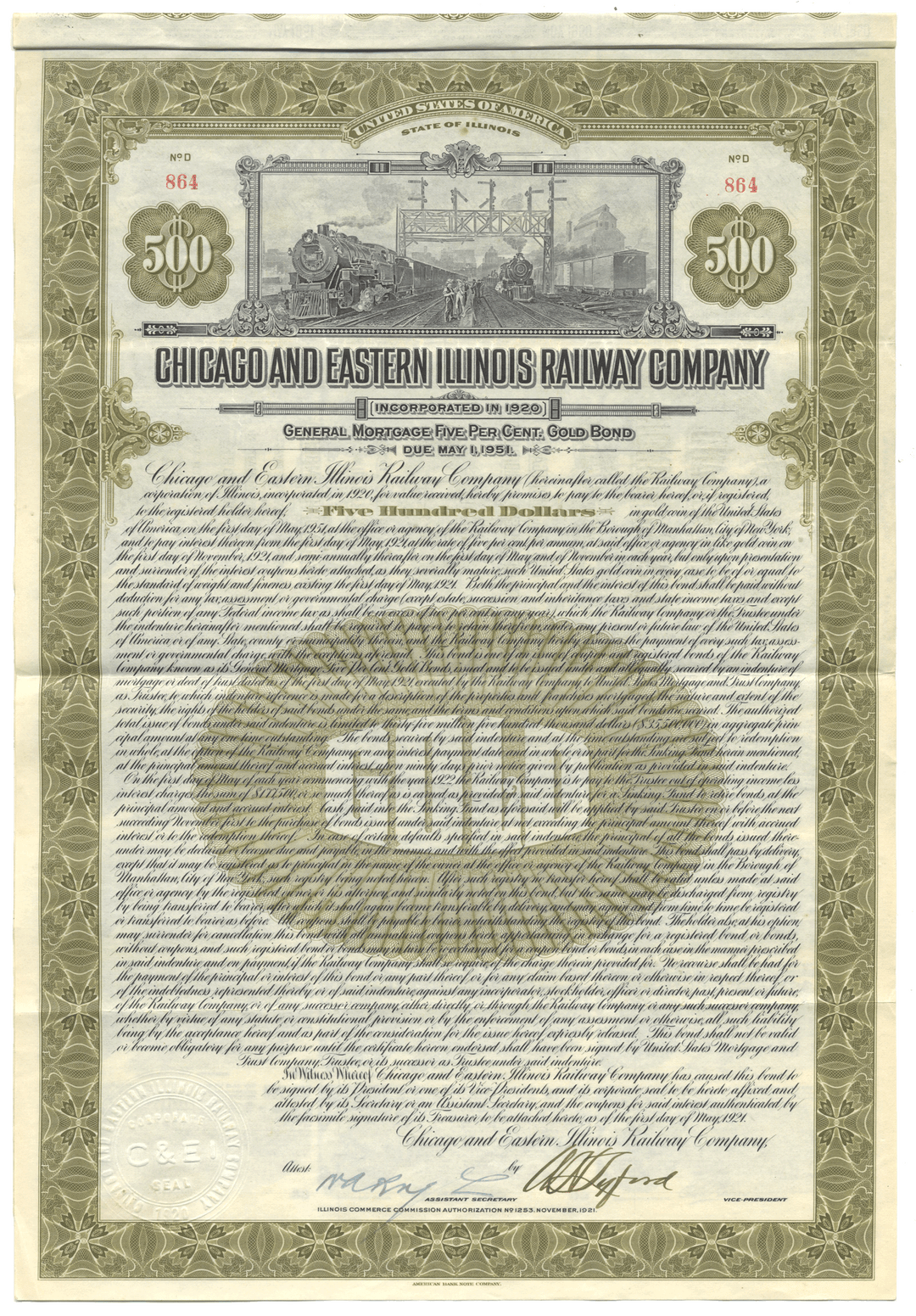 Historical bond certificate of the Chicago and Eastern Illinois Railway Company with ornate design and text.