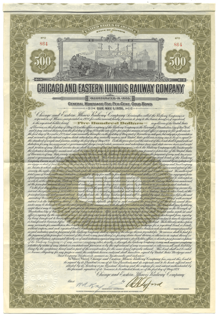 Historical bond certificate of the Chicago and Eastern Illinois Railway Company with ornate design and text.