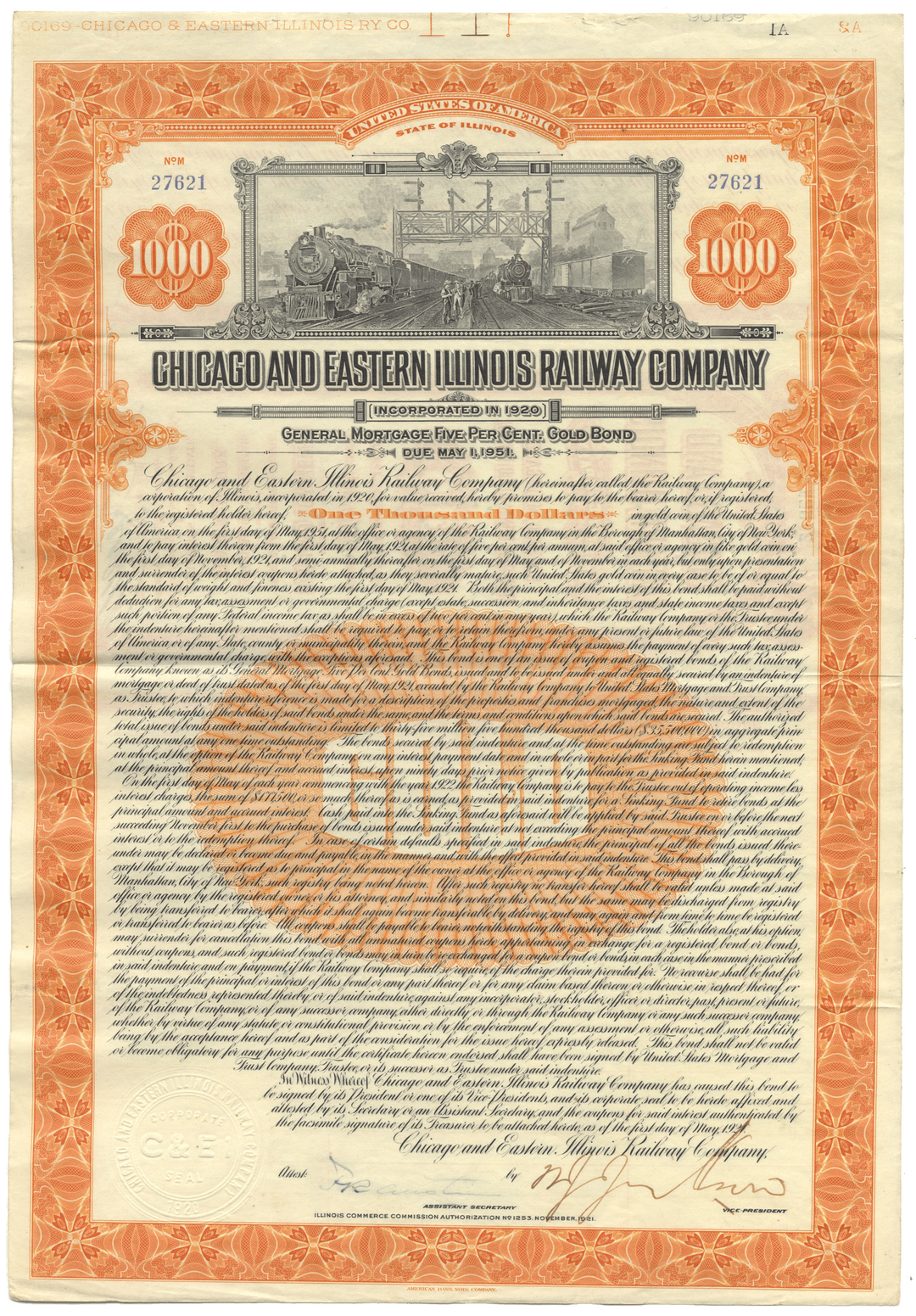 Chicago and Eastern Illinois Railway Company Bond Certificate