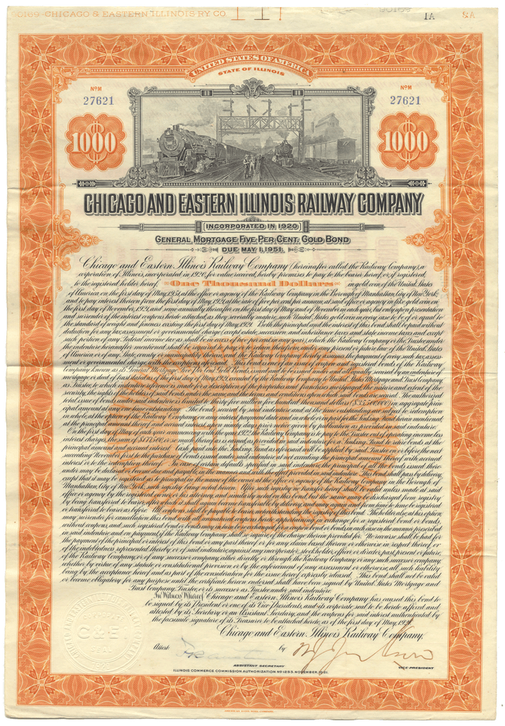 Chicago and Eastern Illinois Railway Company Bond Certificate