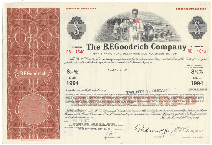Vintage bond certificate of The B.F. Goodrich Company