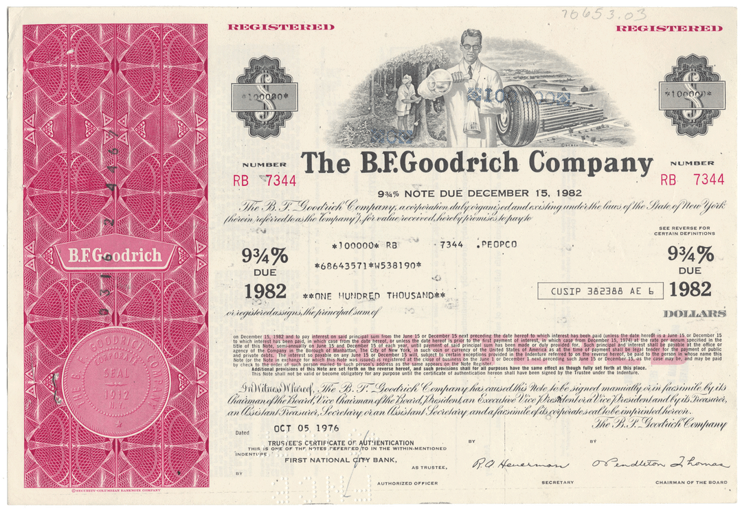 Vintage bond certificate from The B.F. Goodrich Company with decorative elements and text.