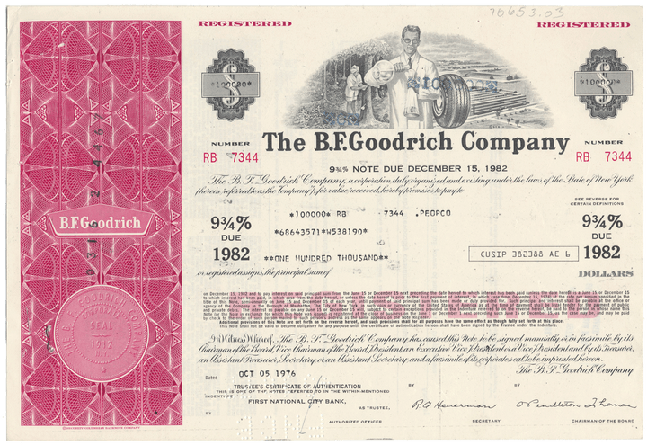 Vintage bond certificate from The B.F. Goodrich Company with decorative elements and text.