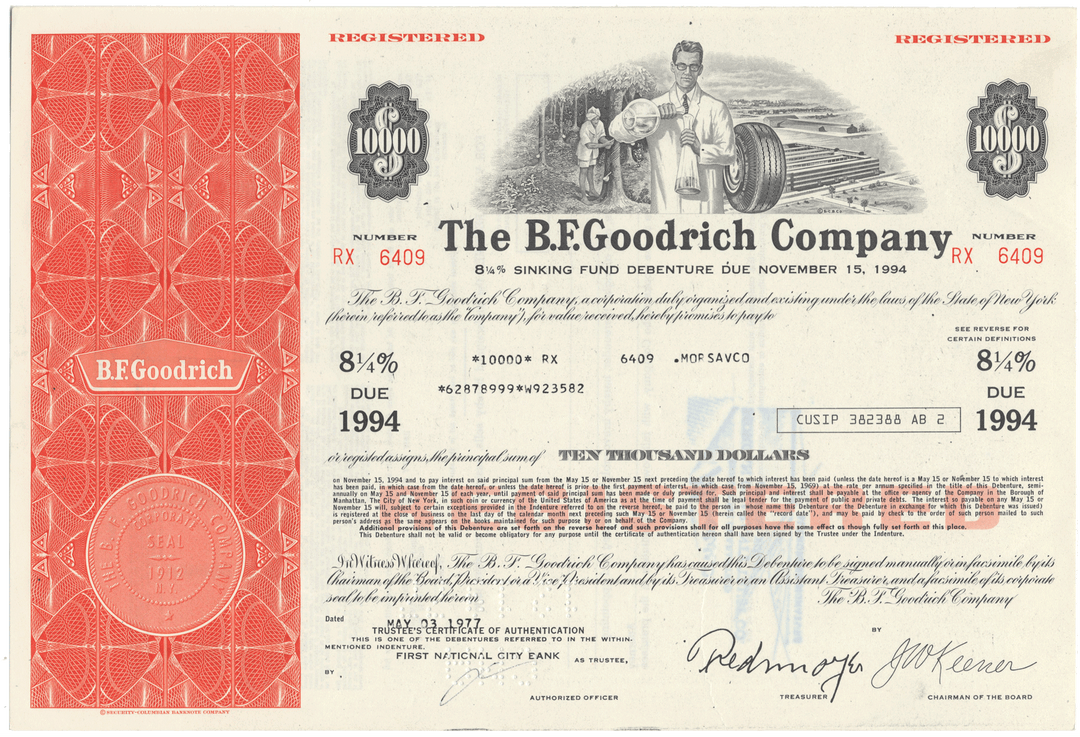 Vintage bond certificate from The B.F. Goodrich Company