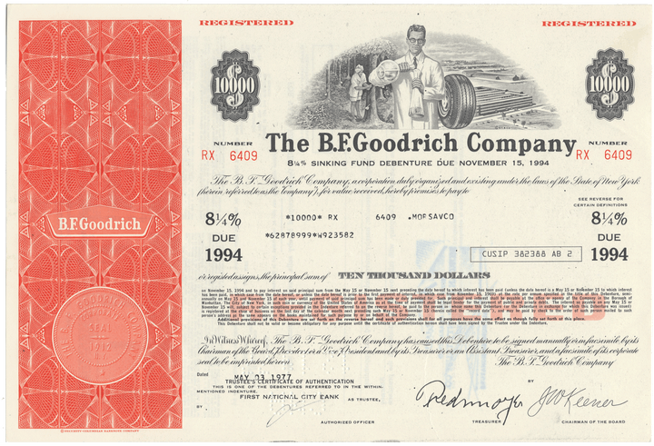 Vintage bond certificate from The B.F. Goodrich Company