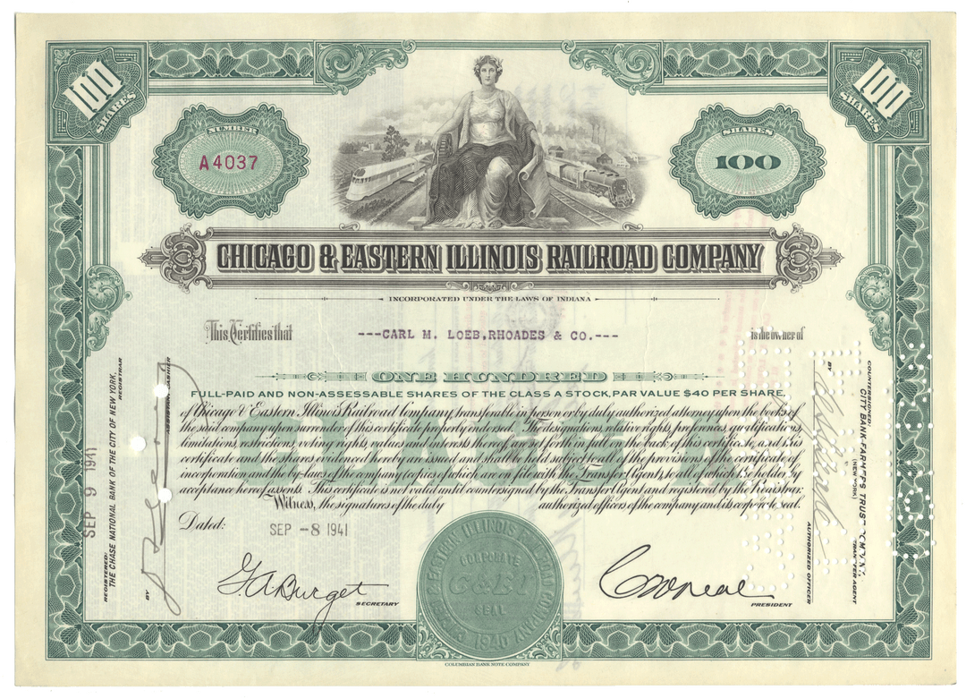 Share certificate of the Chicago & Eastern Illinois Railroad Company with decorative elements and text.