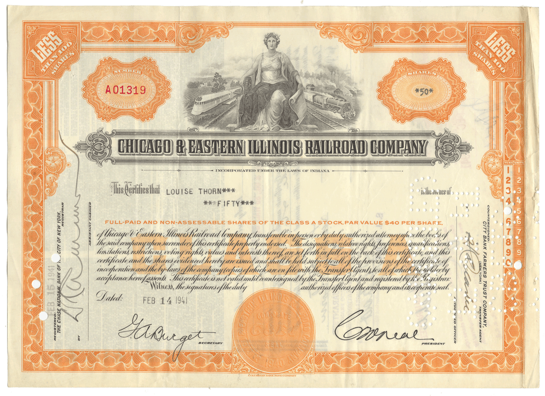 Vintage stock certificate of the Chicago & Eastern Illinois Railroad Company with decorative elements and text.