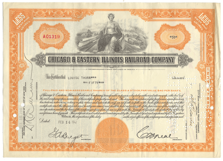 Vintage stock certificate of the Chicago & Eastern Illinois Railroad Company with decorative elements and text.