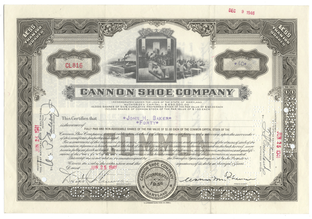 Vintage stock certificate from the Cannon Shoe Company with decorative elements and text.