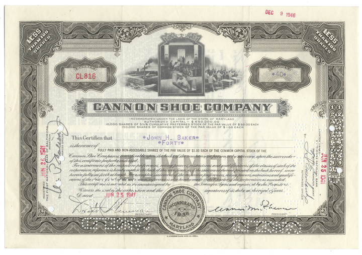 Vintage stock certificate from the Cannon Shoe Company with decorative elements and text.