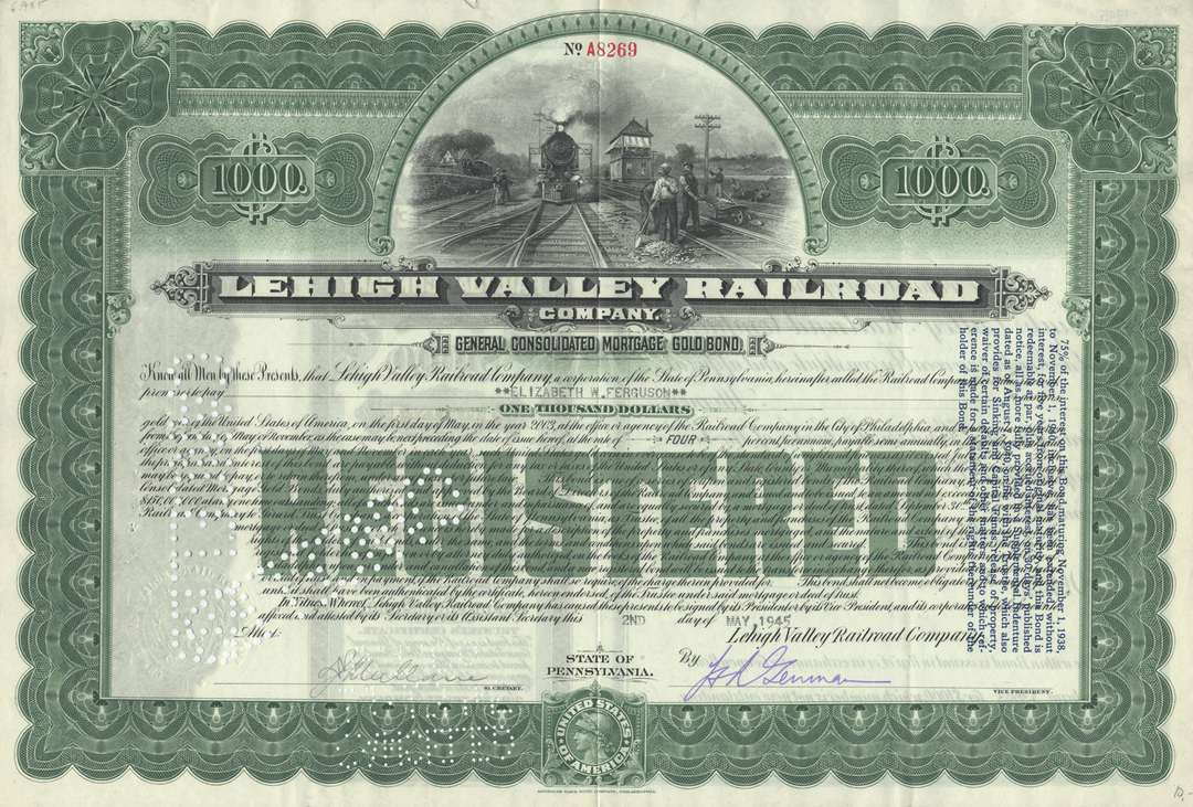 Lehigh Valley Railroad Company bond certificate with decorative elements