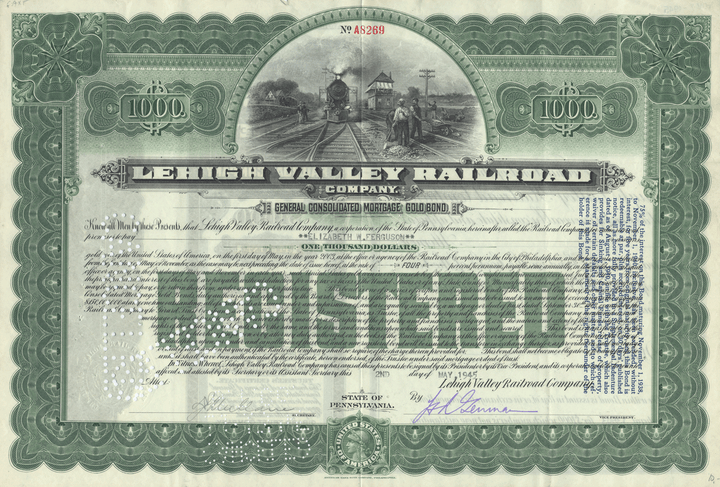 Lehigh Valley Railroad Company bond certificate with decorative elements