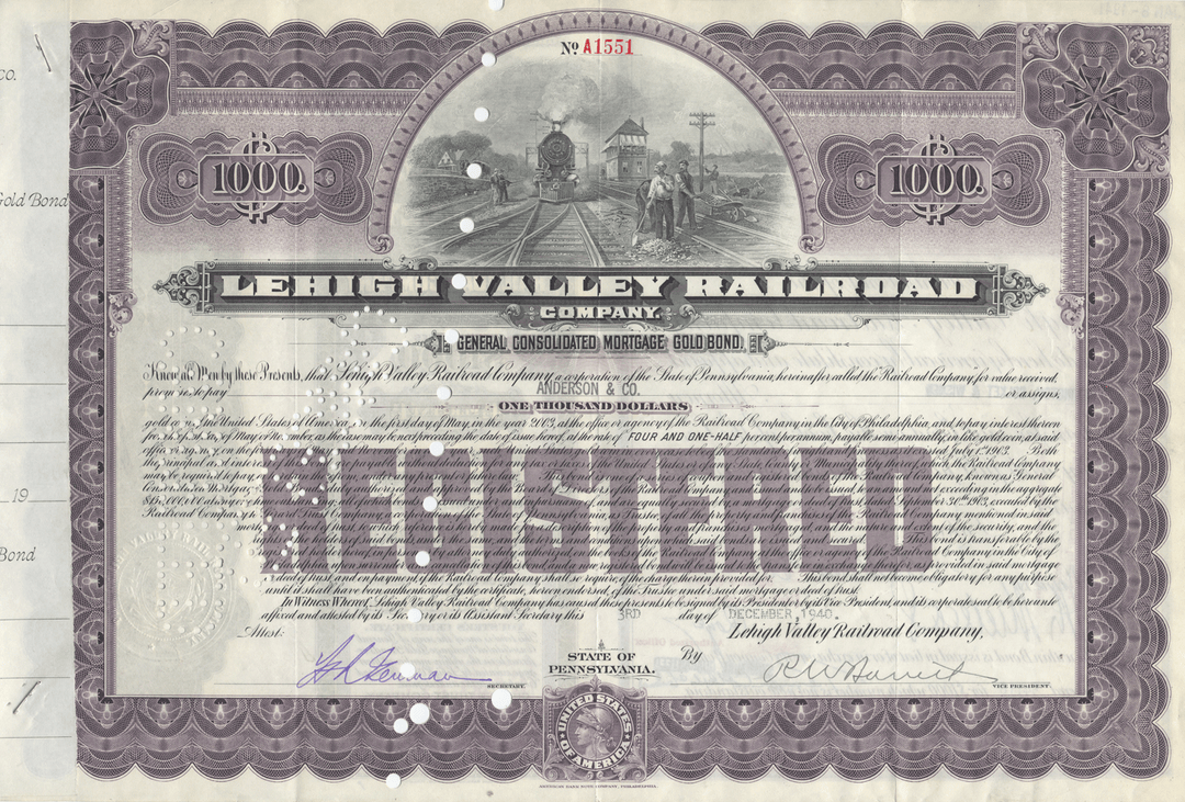 Lehigh Valley Railroad Company bond certificate with decorative border and train illustration.
