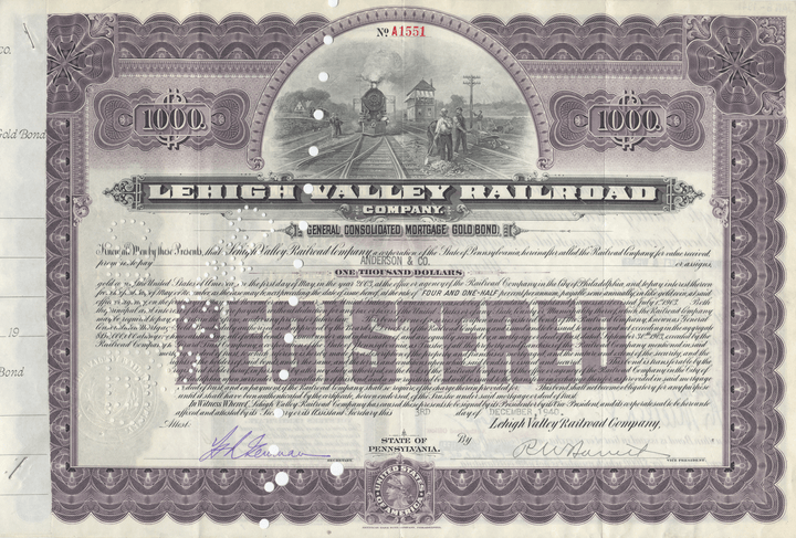 Lehigh Valley Railroad Company bond certificate with decorative border and train illustration.