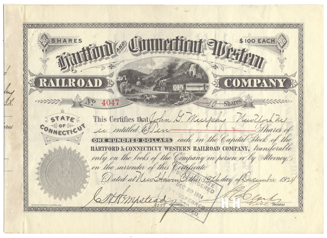 Historical stock certificate for Hartford & Connecticut Western Railroad Company with a steam locomotive illustration.
