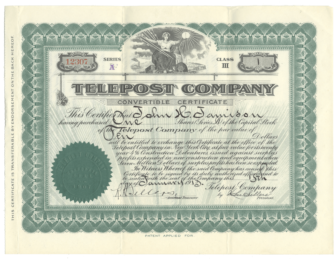 Telepost Company Stock Certificate