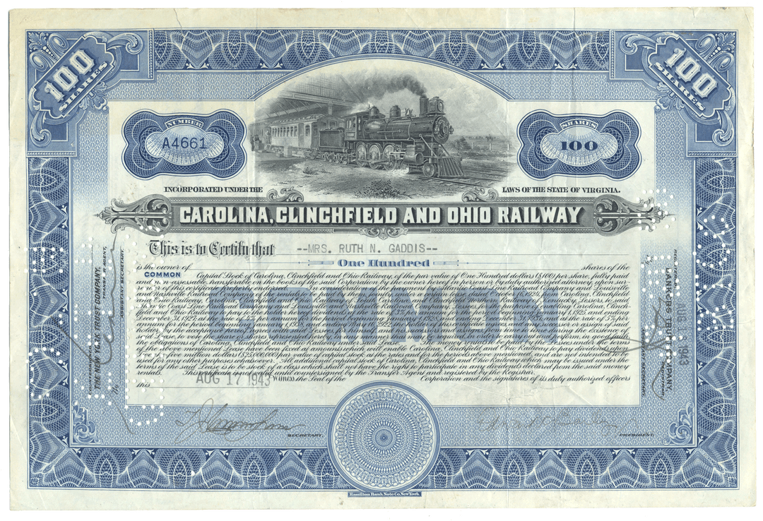 Carolina, Clinchfield and Ohio Railway common stock certificate with blue and white design.