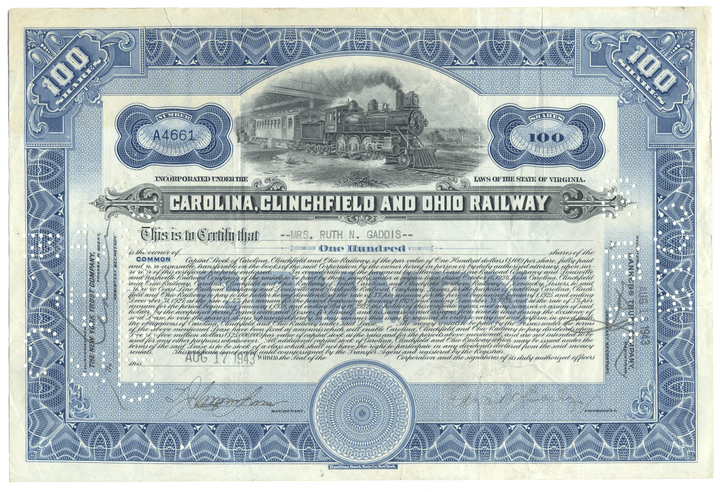 Carolina, Clinchfield and Ohio Railway common stock certificate with blue and white design.