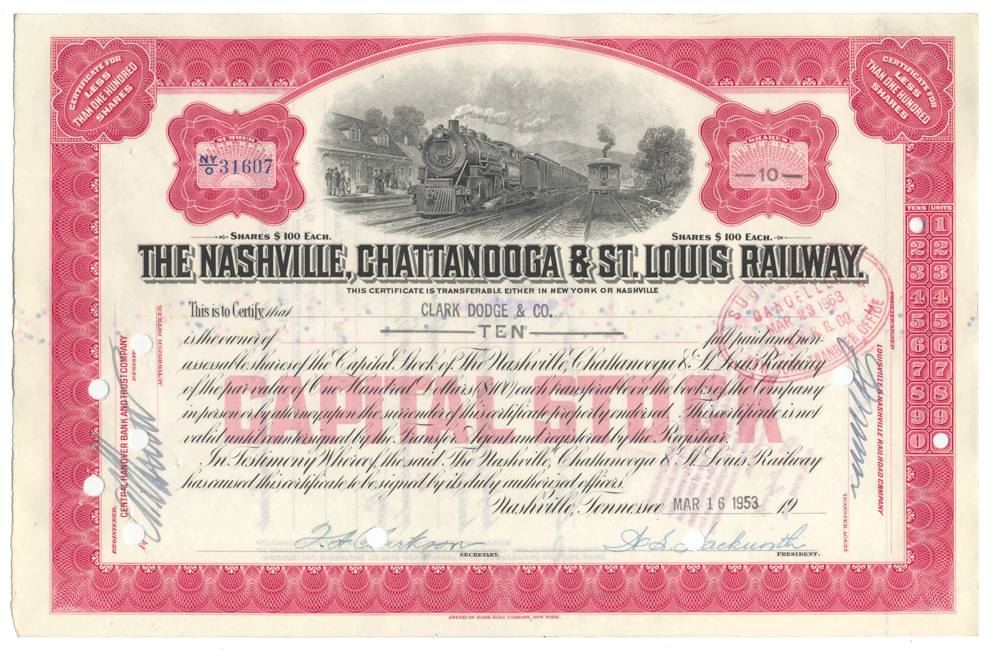 Vintage stock certificate for the Nashville, Chattanooga & St. Louis Railway with a red border and steam locomotive illustration.