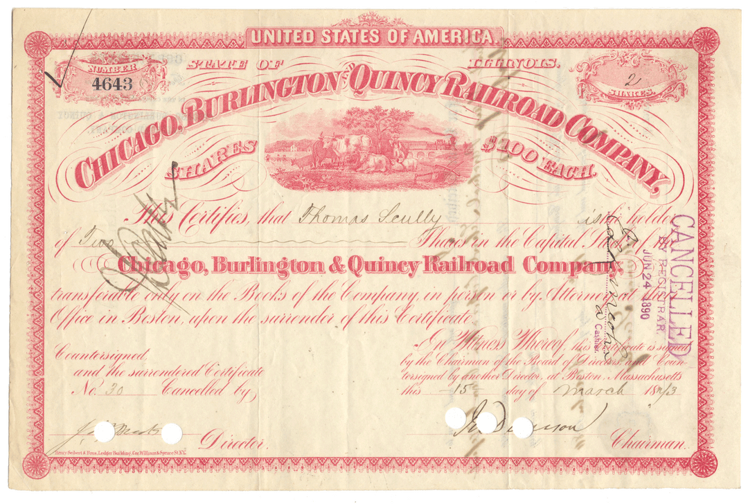 Vintage stock certificate of the Chicago, Burlington & Quincy Railroad Company from 1873
