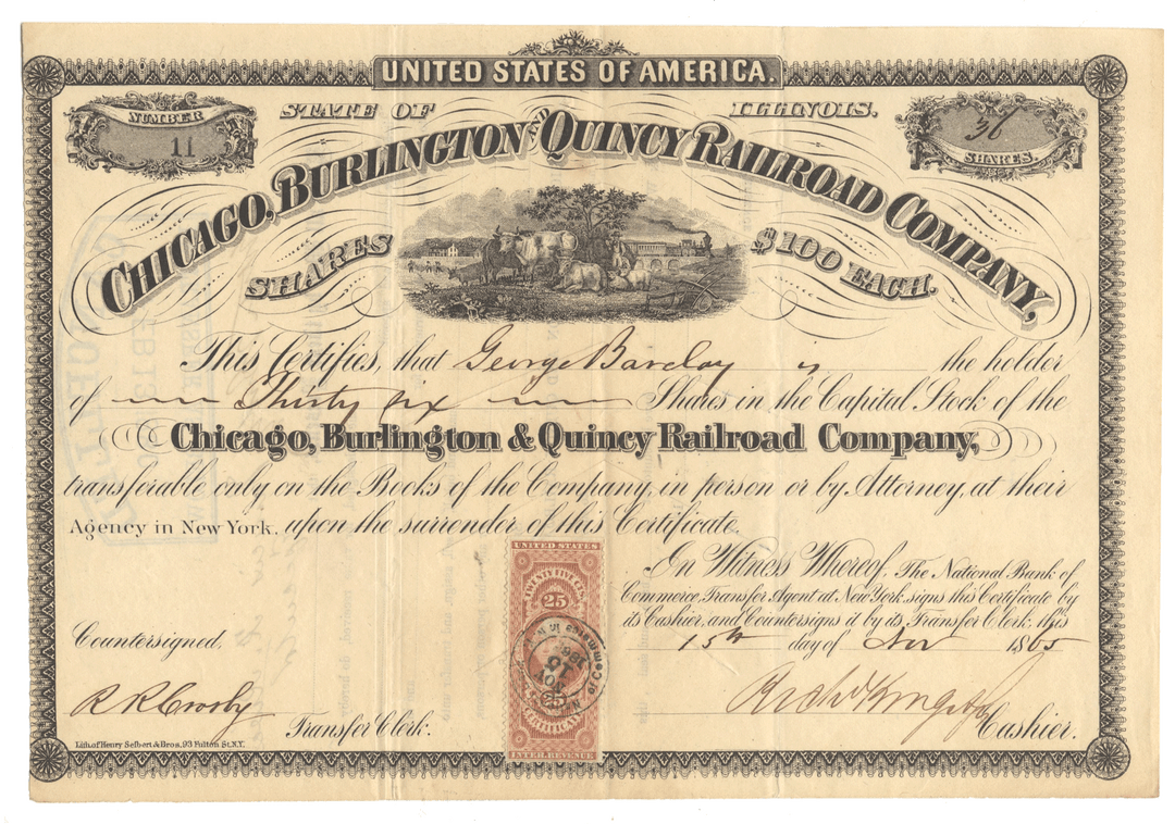 Historical stock certificate of the Chicago, Burlington & Quincy Railroad Company with decorative elements.