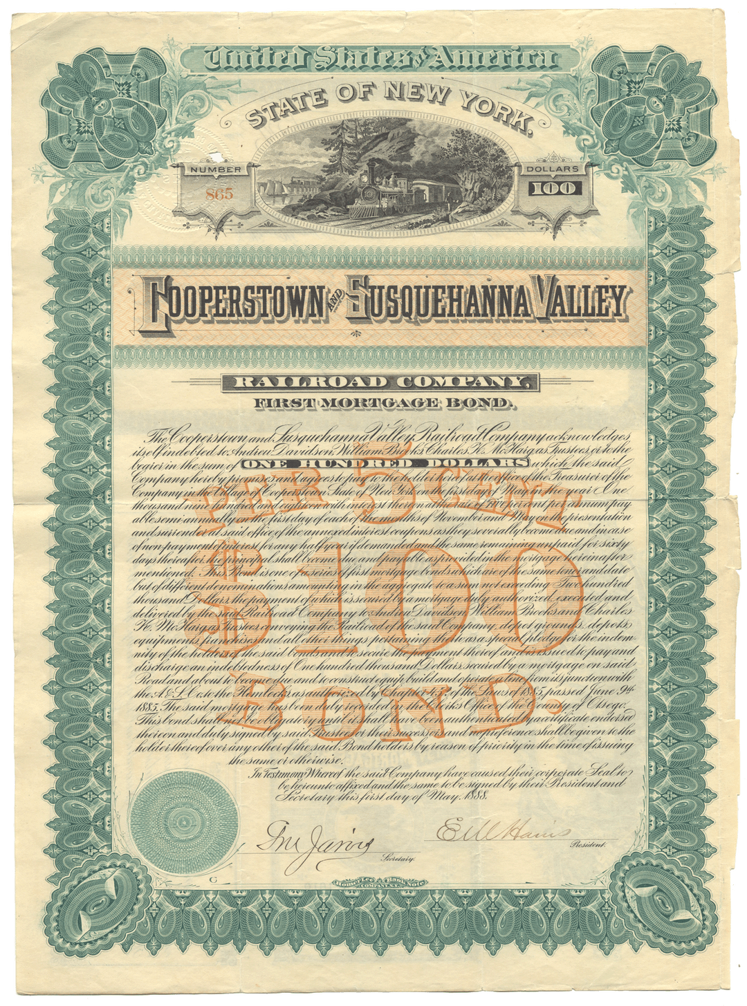 Cooperstown and Susquehanna Valley Railroad Company Bond Certificate