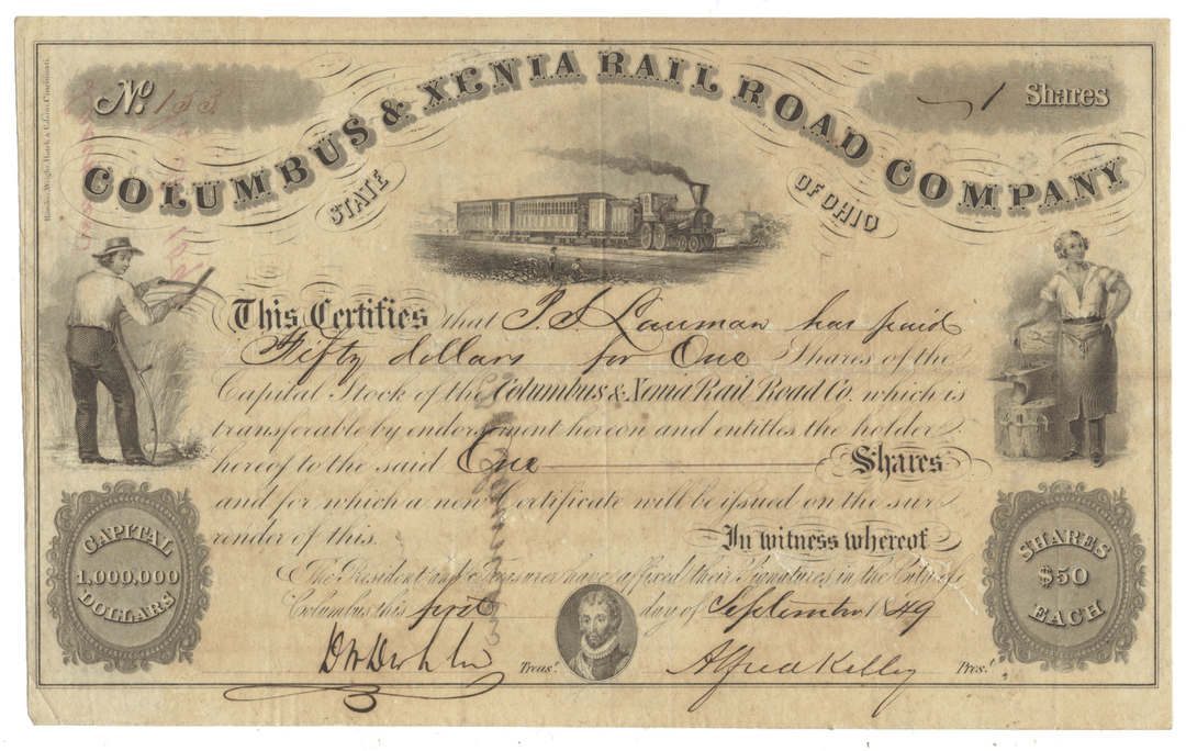 Columbus & Xenia Rail Road Company Stock Certificate