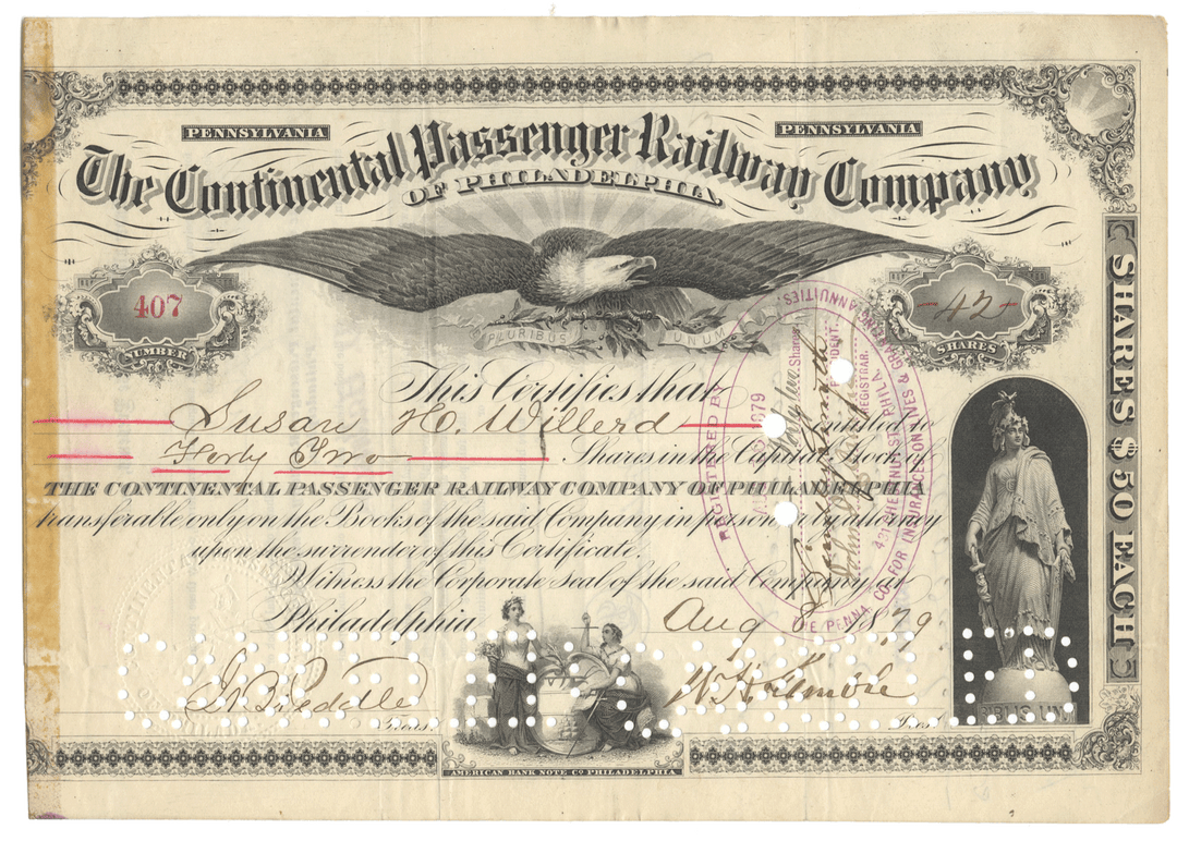 Vintage stock certificate for the Continental Passenger Railway Company with an eagle emblem.