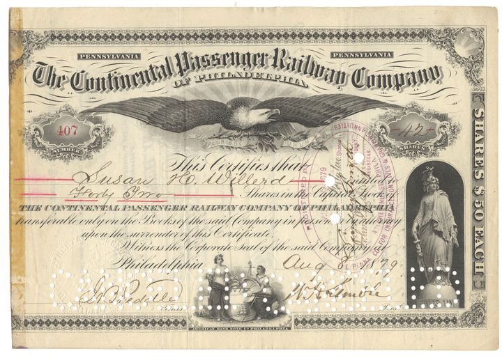 Vintage stock certificate for the Continental Passenger Railway Company with an eagle emblem.