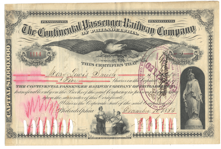 Vintage stock certificate of the Continental Passenger Railway Company with decorative elements and an eagle emblem.