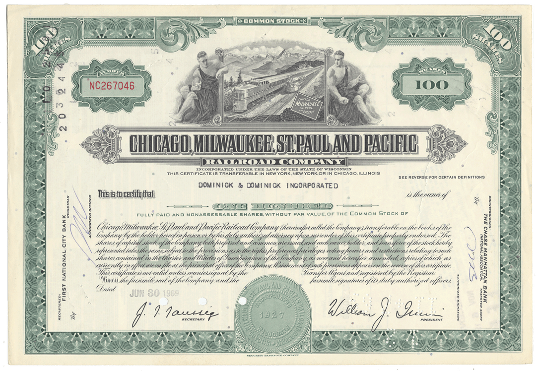Historical stock certificate of the Chicago, Milwaukee, St. Paul and Pacific Railroad Company.
