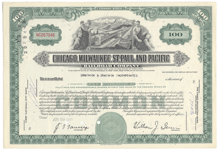Historical stock certificate of the Chicago, Milwaukee, St. Paul and Pacific Railroad Company.