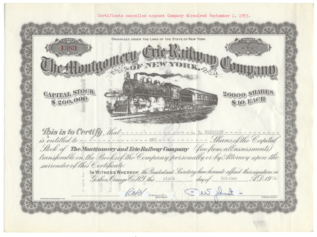 Stock certificate from the Montgomery and Erie Railway Company of New York with a steam locomotive illustration.