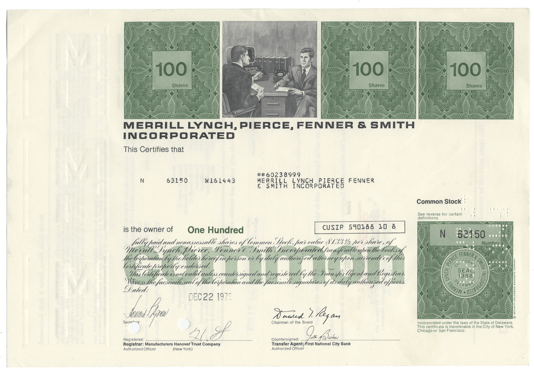 Merrill Lynch stock certificate with green and black design