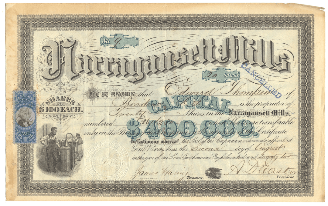 Historical stock certificate from Narragansett Mills from 1872