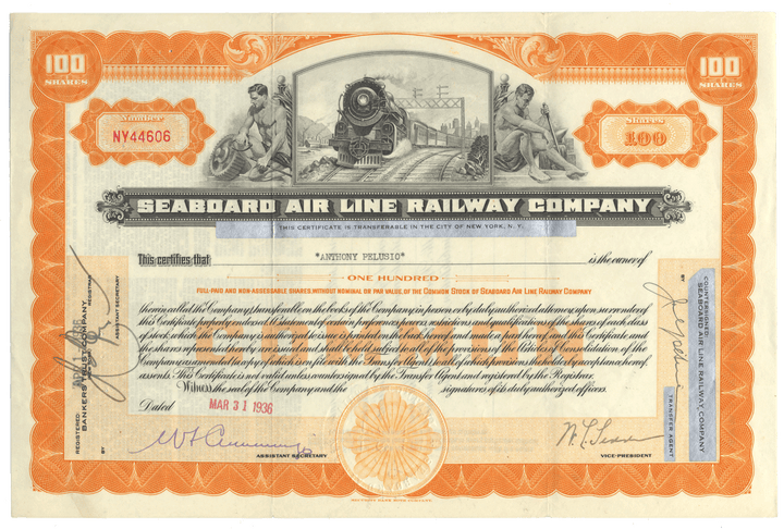 Seaboard Air Line Railway Company stock certificate with vintage design